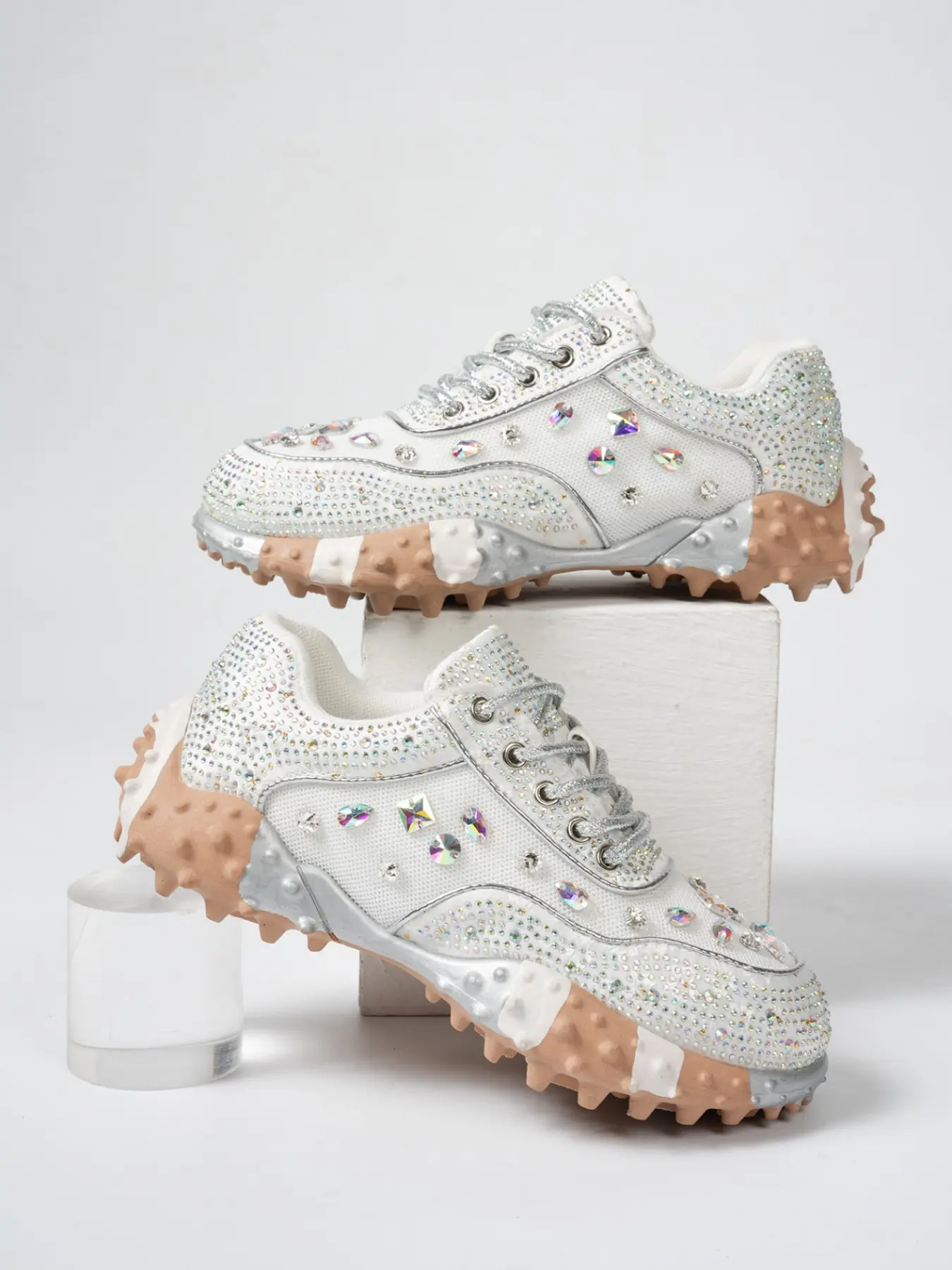 Luxury Glitter Full Rhinestone Patchwork Sneakers, Irregular Colorful Rhinestones, Anti-Slip Thick Sole, Party Shoes for Women