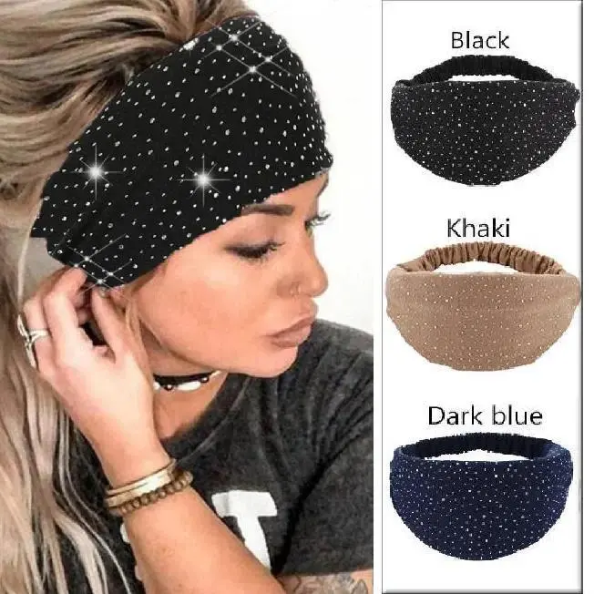 BeadBreath Women's 3-Piece Wide Band Active Sports Headbands, Sparkling Rhinestone Dot Twisted Shape, Soft Elastic for Festivals, Bridal Events, Formal Occasions, Black/Khaki/Dark Blue Spring Styles, Workout, Lightweight, Elegant Rhinestone Dot, Casual, S