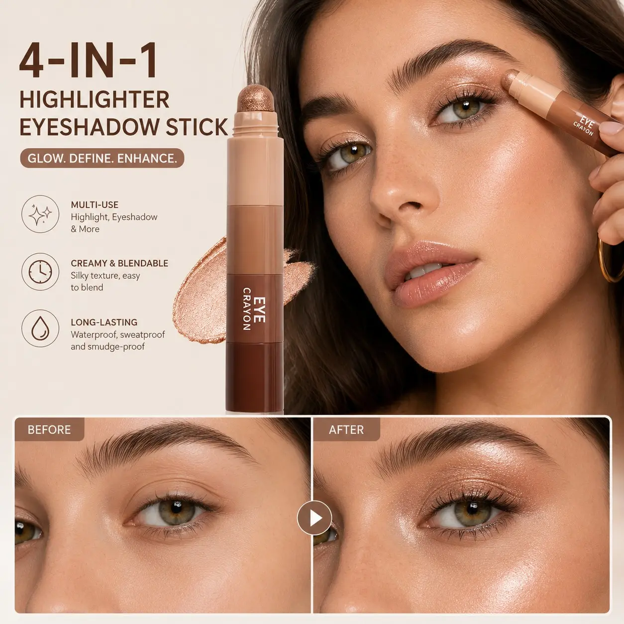 Four-in-One Segmented Eyeshadow & Highlight Stick, multi-purpose for eyeshadow, under-eye highlight and contouring. Featuring creamy texture for smooth blending without patchiness, long-lasting makeup effect and eye depuffing, this eyeshadow stick is suit