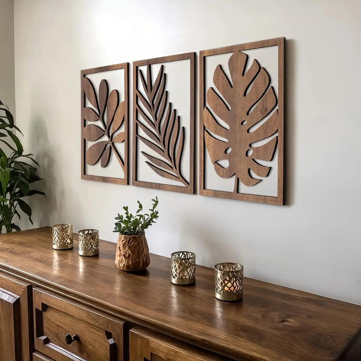 3 Piece Bohemian Wooden Wall Art, Rustic Plant Plaque Set with Lightweight Wall Mount Panels for Living Room, Bedroom, Entryway and Home Decor