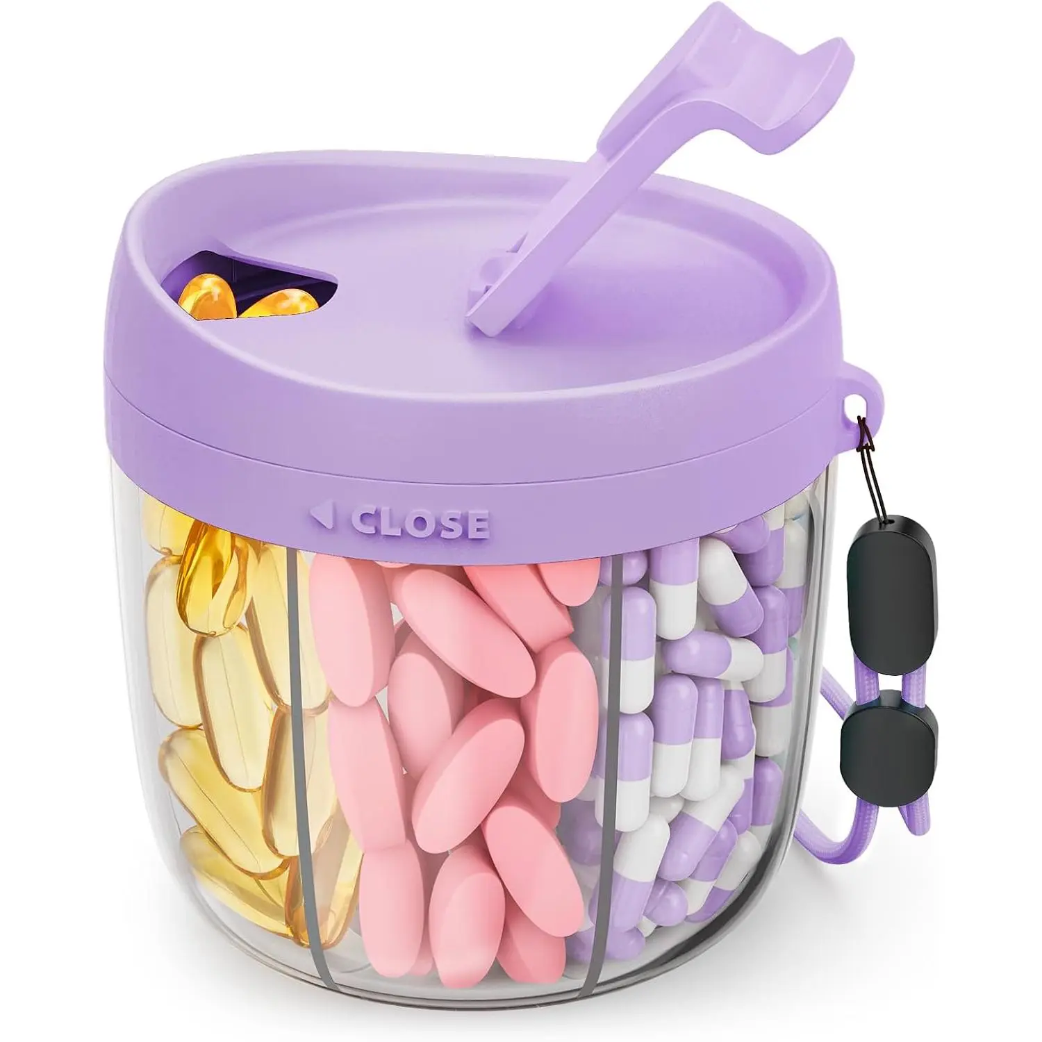 AMOOS Cute Pill Dispenser with 7 Large Compartments, Portable Pill Bottle Organizer with Wide Opening for Easy Use, Anti-Mix Pill Organizer for Travel, BPA-Free Pill Container, Purple