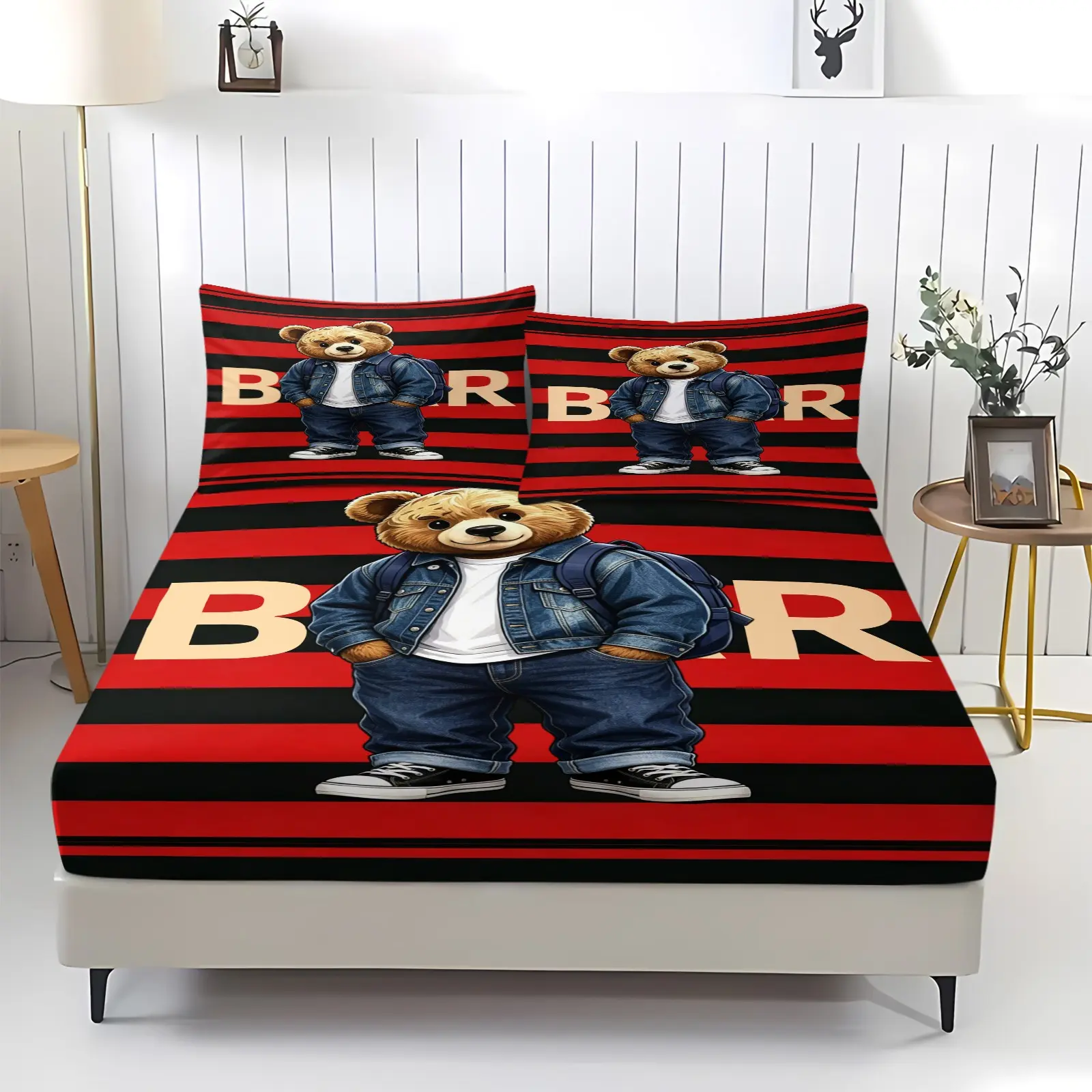 Trendy and cool teddy bear printed pattern bed sheet, including 1 bed sheet and 2 pillowcases, anti slip and dustproof cover suitable for bedrooms and guest rooms, suitable for personal use or gift giving