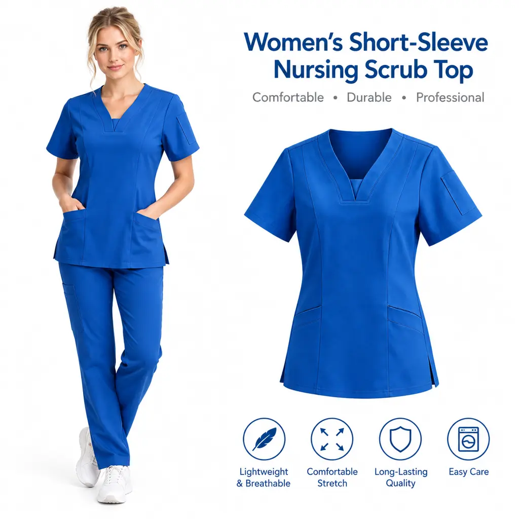 Women's V-Neck Scrub Top, Single Short Sleeve Medical Uniform Tunic, Multi Pocket Work Top for Dental Clinic & Oral Healthcare