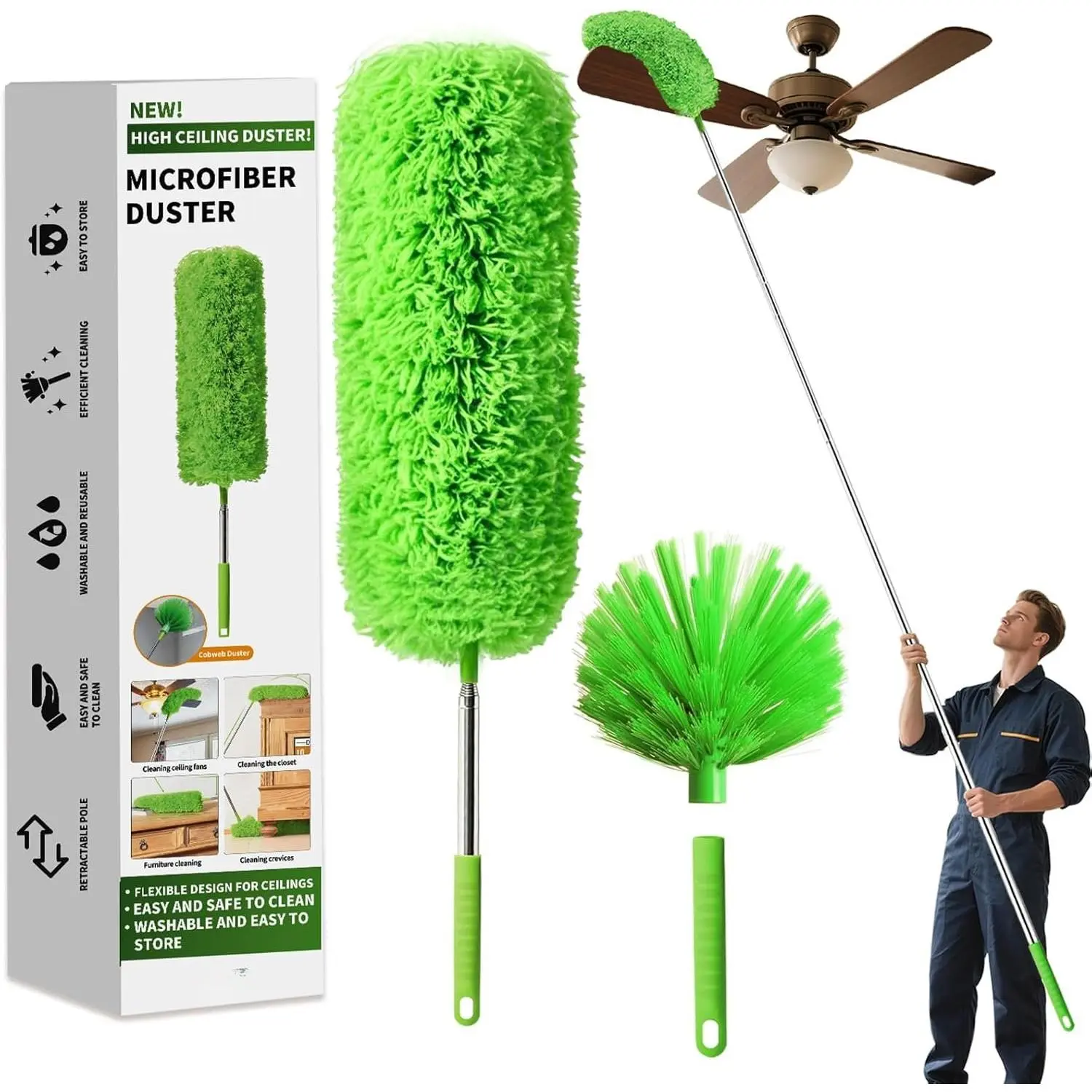 Cobweb Duster with Extension Pole, Washable Cleaning Duster Set with 2 Duster Heads, Corner Brush, 15-110-Inch Telescoping Pole for high Ceiling Fans, Long Duster for high Ceilings,Spider Web Brush