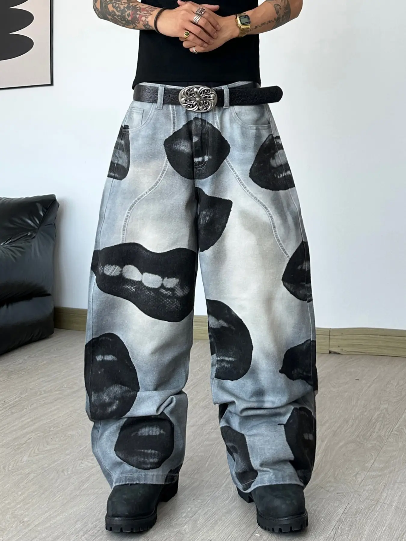 Men's Denim Jeans, Unique Lip Print Straight Leg Wide Leg Jeans, Y2K Streetwear Fashion Loose Fit Long Pants, All Seasons, No Belt Included