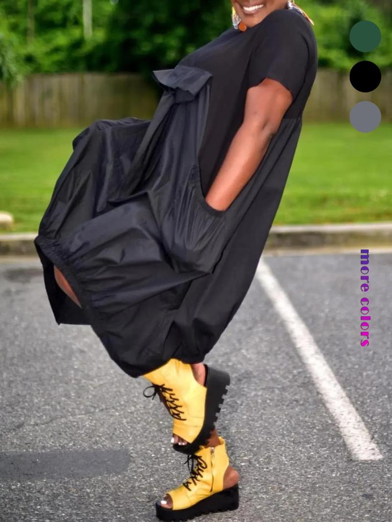 Women's Leather Patchwork Pocket Dress, Vintage Casual Style, Short Sleeve Midi Dress, Loose-Fitting Plain Design, Perfect for Everyday Wear