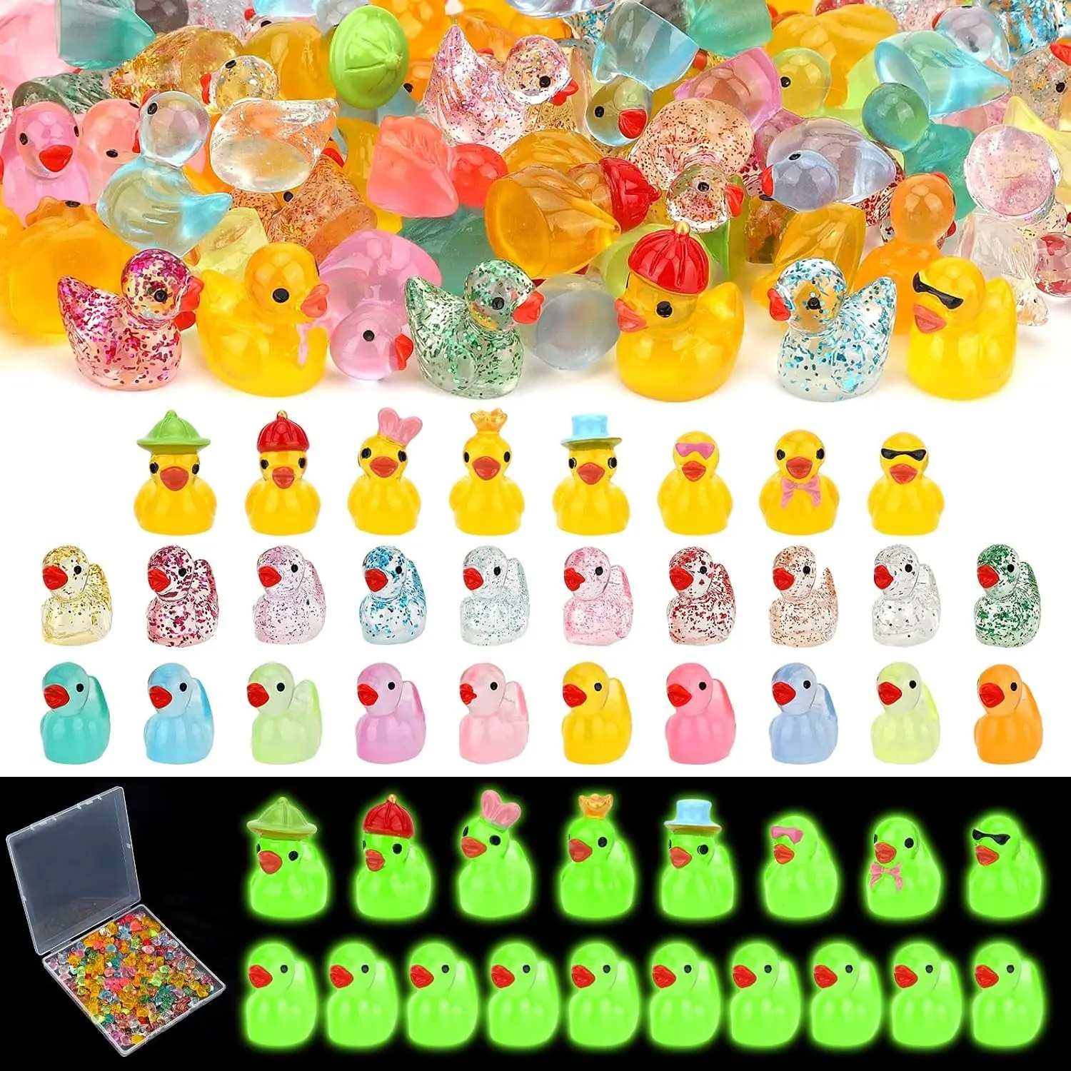 124 PCS Luminous Mini Resin Ducks - Glow-in-Dark Tiny Plastic Ducks, Tiny Charm for DIY Crafts, Miniature Decor for Fairy Garden, Dollhouse, Tank