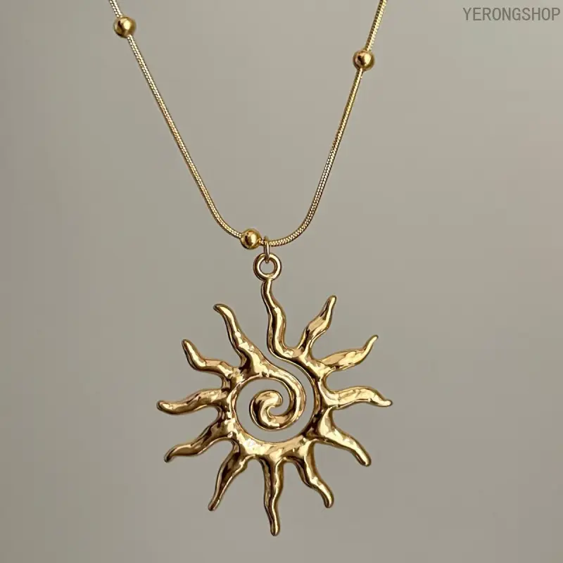 Sunflower Single Pendant Necklace with Hammered Finish, Gold Plated Titanium Steel, Minimalist Female Jewelry for Women, Hypoallergenic Casual Wear