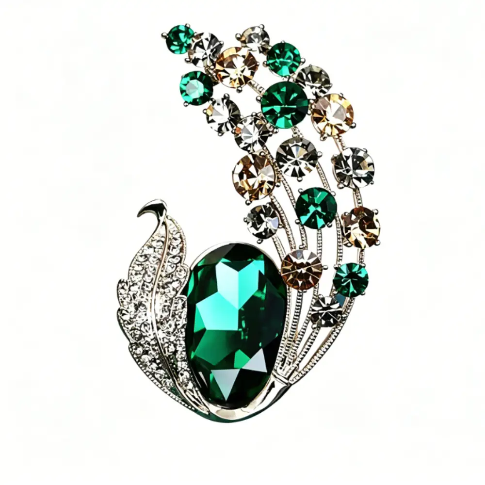 Silver Feather Brooch Large Emerald Green Center Crystal Multi Color Rhinestone Unisex Luxury Suit Lapel Pin