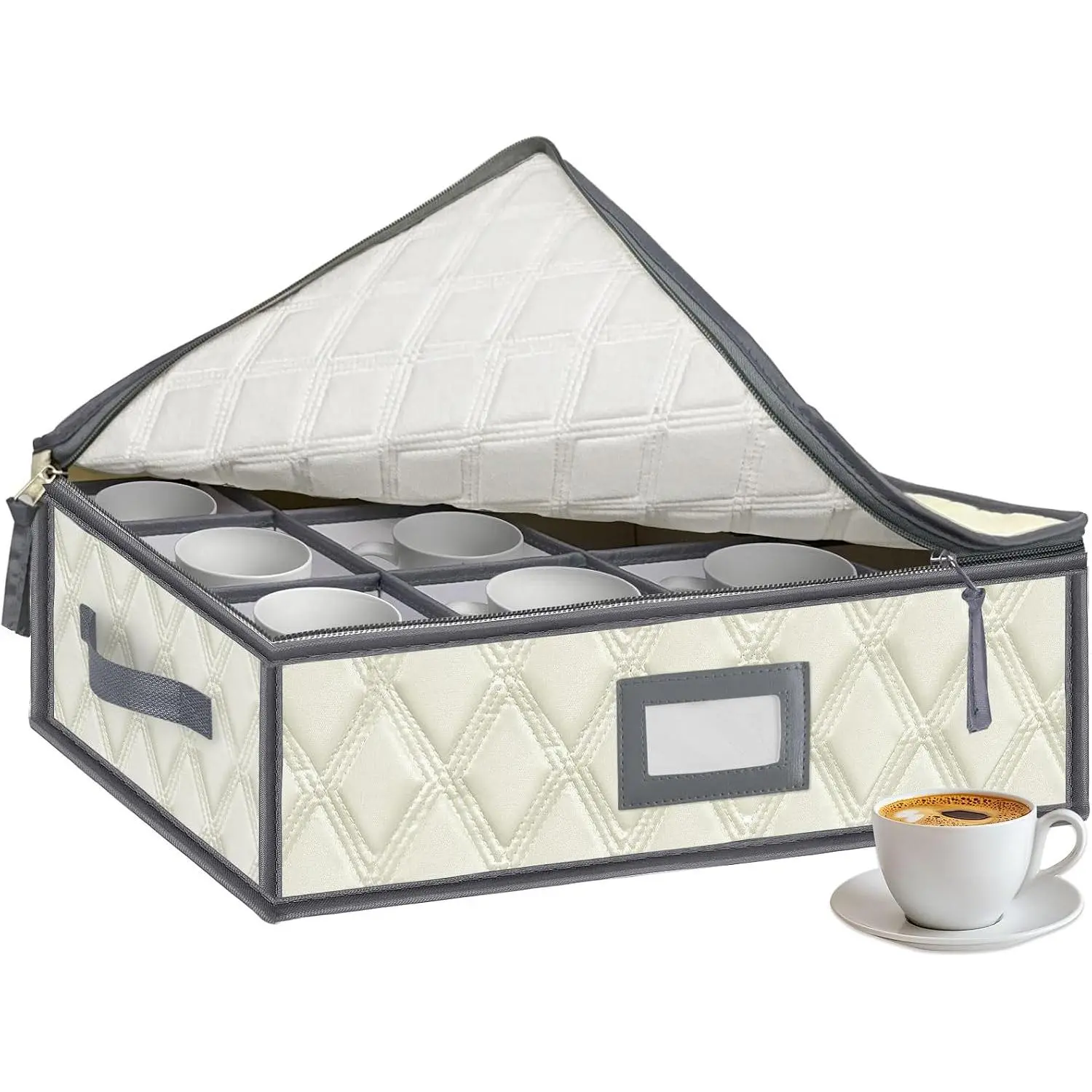 Mug and Cup Storage Box with Dividers - 1 Pack  Storage Bin Containers Holds 12 Glassware, Stackable Coffee Mug Organizer Bin and  Cup with 2 Metal Zipper,Label and Handles