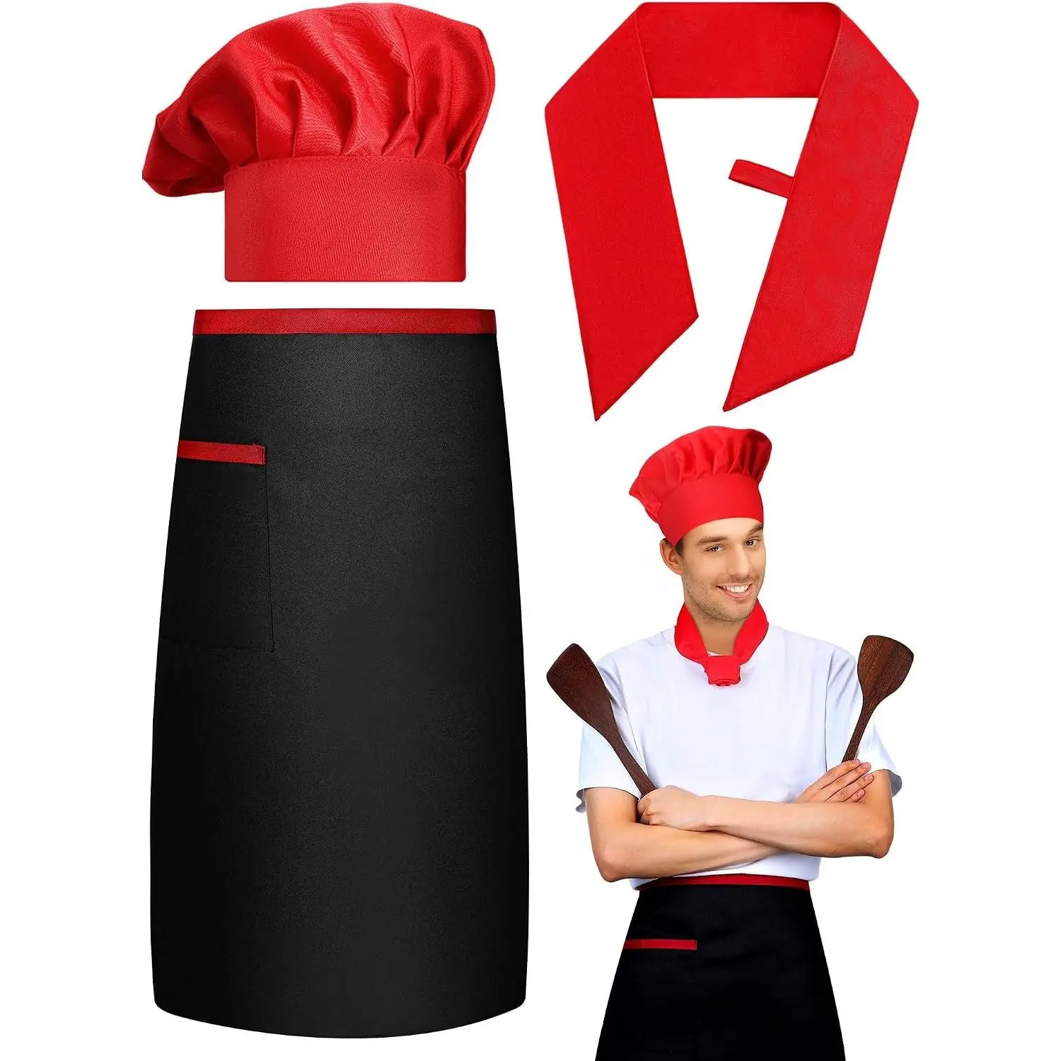 3 Pcs Hibachi Chef Hat Apron Hachimaki Set, Teppanyaki Adult Costume Japanese Cuisine Accessories for Men Women, Red Black Chef Apron Cooking Role Play, BBQ Birthday Halloween Party Outfit(Gift)