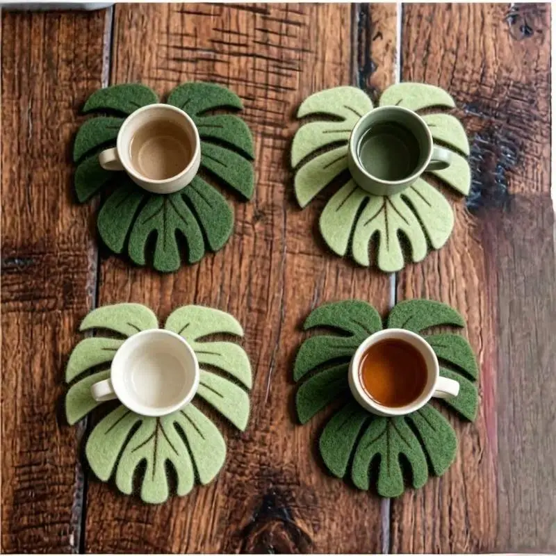 4Pcs Wooden Monstera Leaf Silicone Coaster Set with Tableware Holder Base, Non-Slip Heat-Resistant Drink Mats, Tropical Home Decor for Coffee Table, Unique Housewarming Gift for Plant Lovers