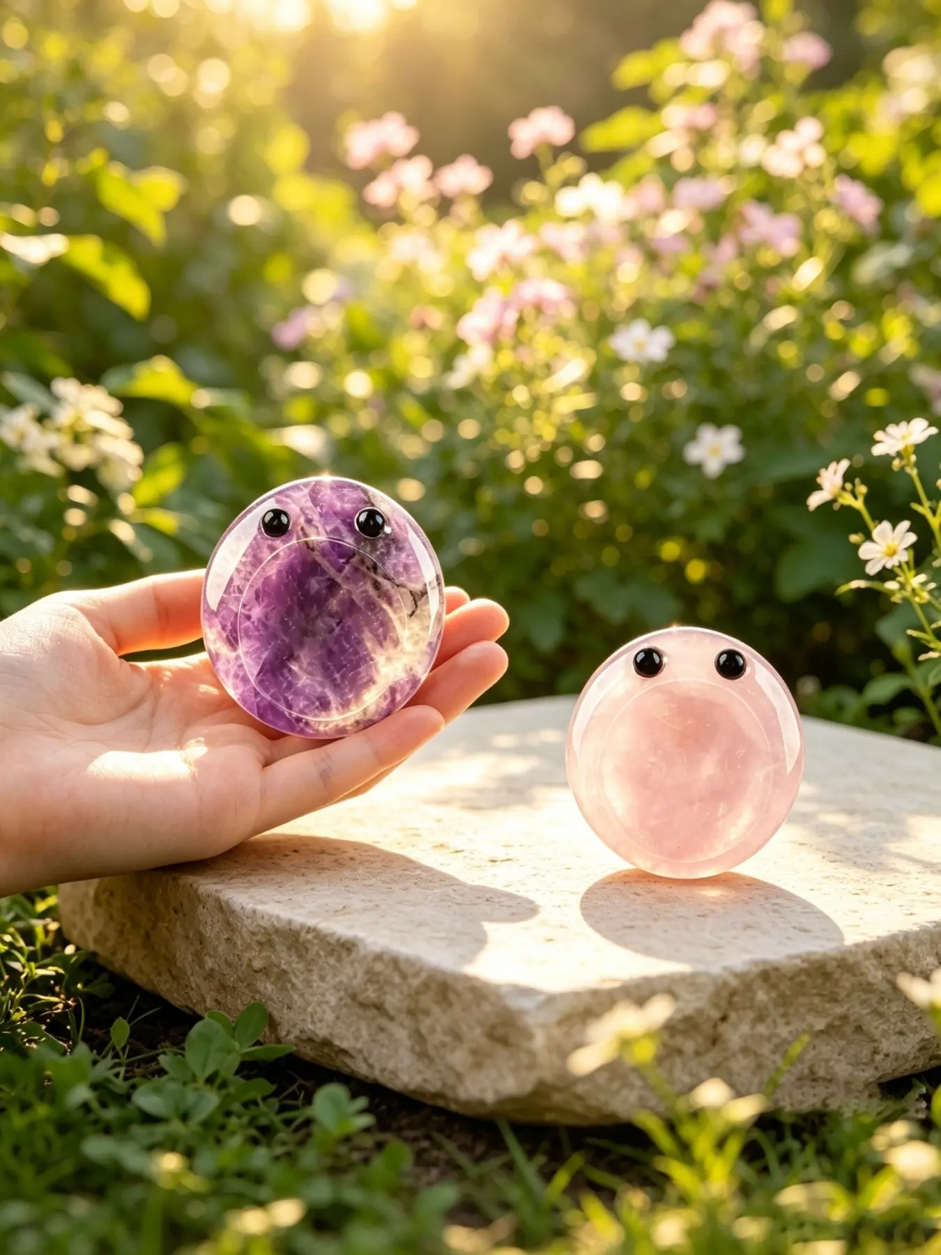 2pcs Hand-carved natural crystal little fairy thumb stones, rose quartz and amethyst spiritual healing crystal round forget-me-not ornaments, mysterious energy-releasing items, suitable for yoga meditation, to relieve tension and stress, exclusive gift