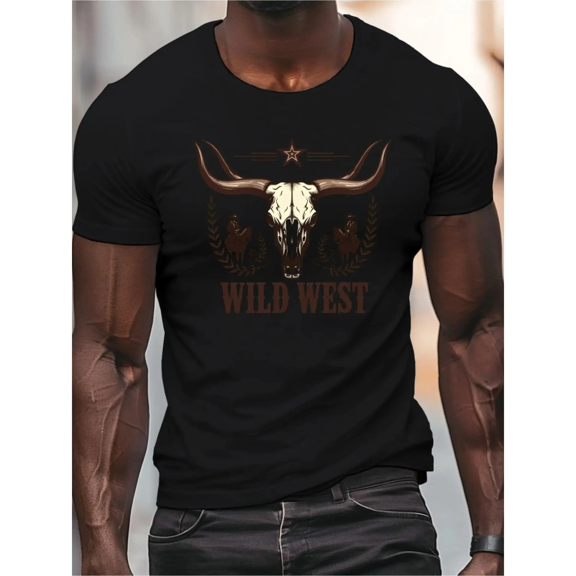 Men's Wild West Bull Skull Cowboy T-Shirt - 100% Cotton Western Graphic Tee with Bull Skull & Cowboy Hat Design, Double-Needle Stitched Preshrunk Shirt, All-Season Casual Wear (S-XXXL) - Cowboy Style Gift for Men