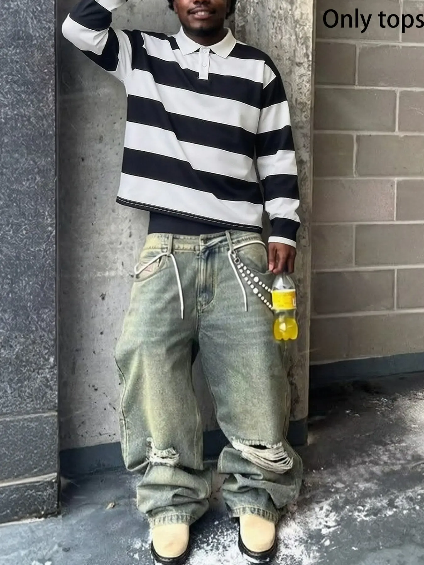 Oversized Wide Stripe Collared Long Sleeve Top | Y2K Urban Fashion, Casual Streetwear, Cropped Hem Loose Cutting | Male Street Shooting Party Everyday Wear