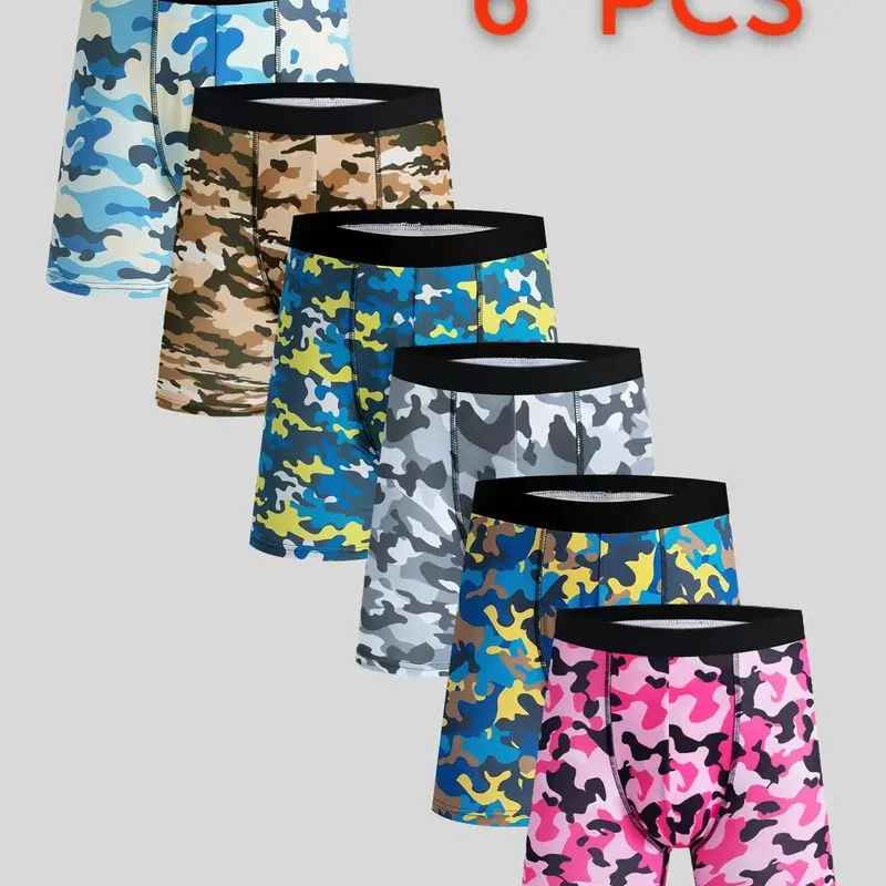 3pcs/6pcs Men's Camo Print Long Comfortable Breathable Low Waist Raiser Four Corners Underwear, Trendy Casual Fitted Style