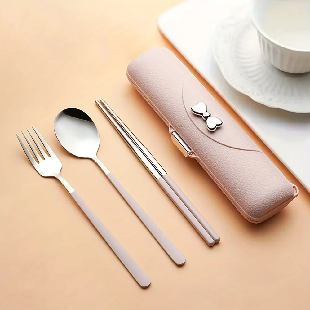 Butterfly Bow Design Portable Cutlery Set, Including Spoon, Fork, Chopsticks & Storage Box, Outdoor Tableware for Camping & Hiking, Utensils Set