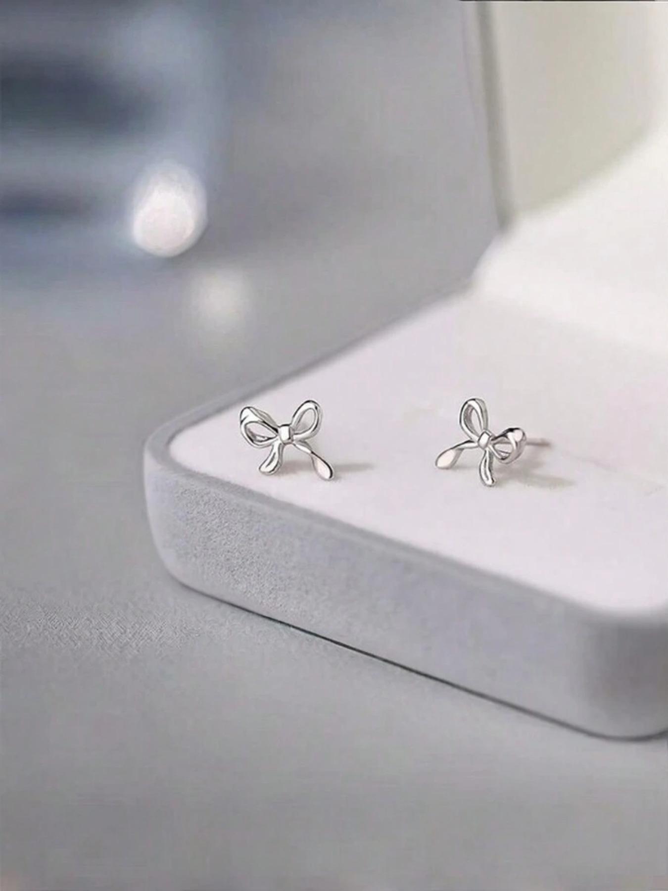 S925 Sterling Silver Bowknot Design Stud Earrings, Elegant Jewelry for Women, Trendy All-match & Exquisite Jewelry for Birthday Gift, Versatile High Quality Earrings