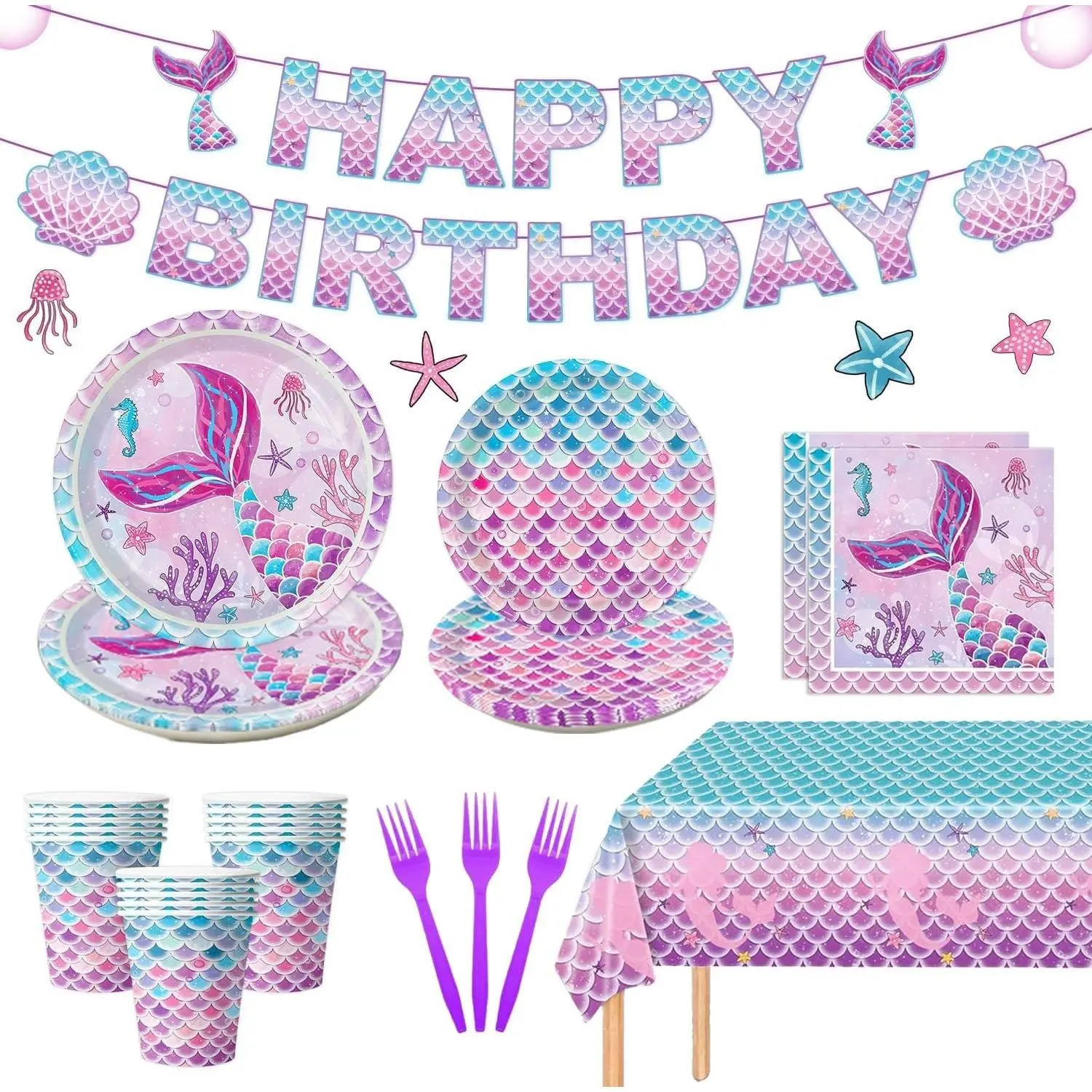 122Pcs Mermaid Birthday Party Decorations Set - Includes Plates, Napkins, Forks, Cups, Tablecloth, Banner for Ocean Birthday Party, Serves 24Gift