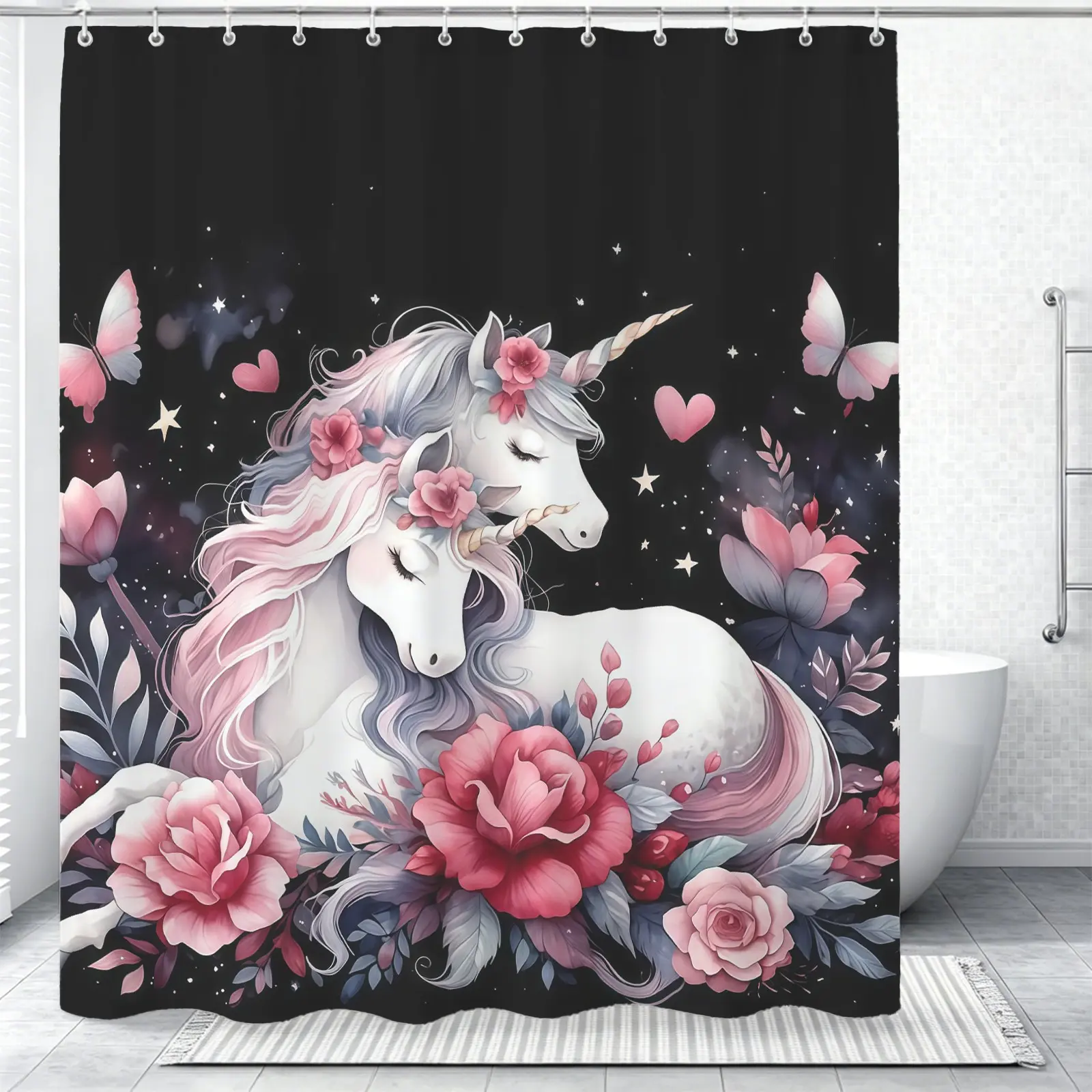 1 Cartoon Dream Unicorn Printed Shower Curtain, Made Of Waterproof And Soft Fabric With a Hanging Feel, For Personalized Decoration In Dormitories And Bathrooms