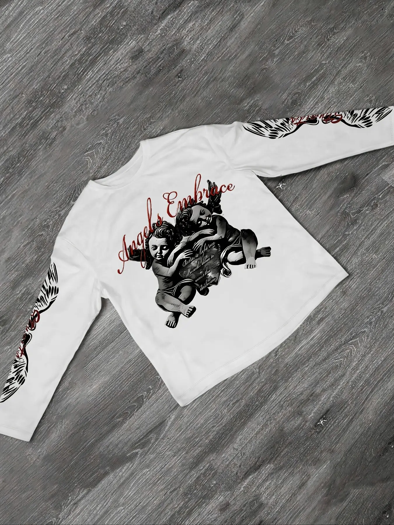 Y2K Gothic Angel Embrace Print Long Sleeve T-Shirt, Oversized Streetwear Top, Dark Aesthetic Renaissance Cherub Graphic Tee, Casual Crewneck for Men Women, Alt Grunge Style Daily Wear