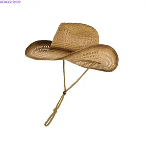 Women’s Vintage Ethnic Wide-Brim Straw Cowboy Hat - Breathable Natural Straw, Retro Boho Western Style, UV Sun Protection - Ideal for Music Festivals, Rodeos