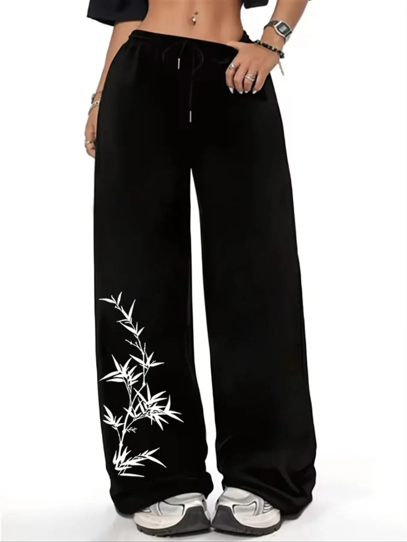 Women's Casual Sporty Long Pants, Bamboo Leaf Print Sweatpants, Drawstring Loose Fit Wide Leg, All Season Women's Fashion