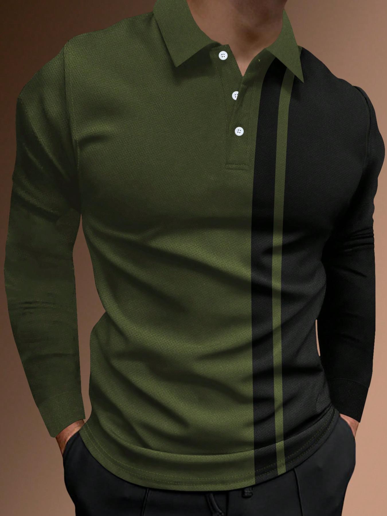 Men's Patchwork Print Half Button Fitted Polo Shirt, Regular Fit Casual Longsleeves Collared Top, Polo Shirts Men, Fall Outfits, Fall Going Out Tops, Men's Clothing, Polo Tees, Fashion Men's Clothes for Daily Wear, Menswear, Golf Colorblock Polo Shirt