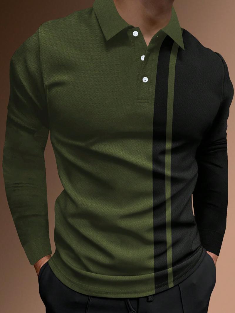Men's Patchwork Print Half Button Fitted Polo Shirt, Regular Fit Casual Longsleeves Collared Top, Polo Shirts Men, Fall Outfits, Fall Going Out Tops, Men's Clothing, Polo Tees, Fashion Men's Clothes for Daily Wear, Menswear, Golf Colorblock Polo Shirt