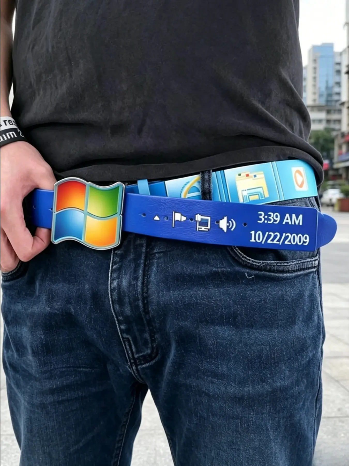 Retro Desktop UI Printed Pin Buckle Belt for Jeans Vintage PU Casual Waist Strap for Men Women Y2K Denim Streetwear Nerd Style Accessory
