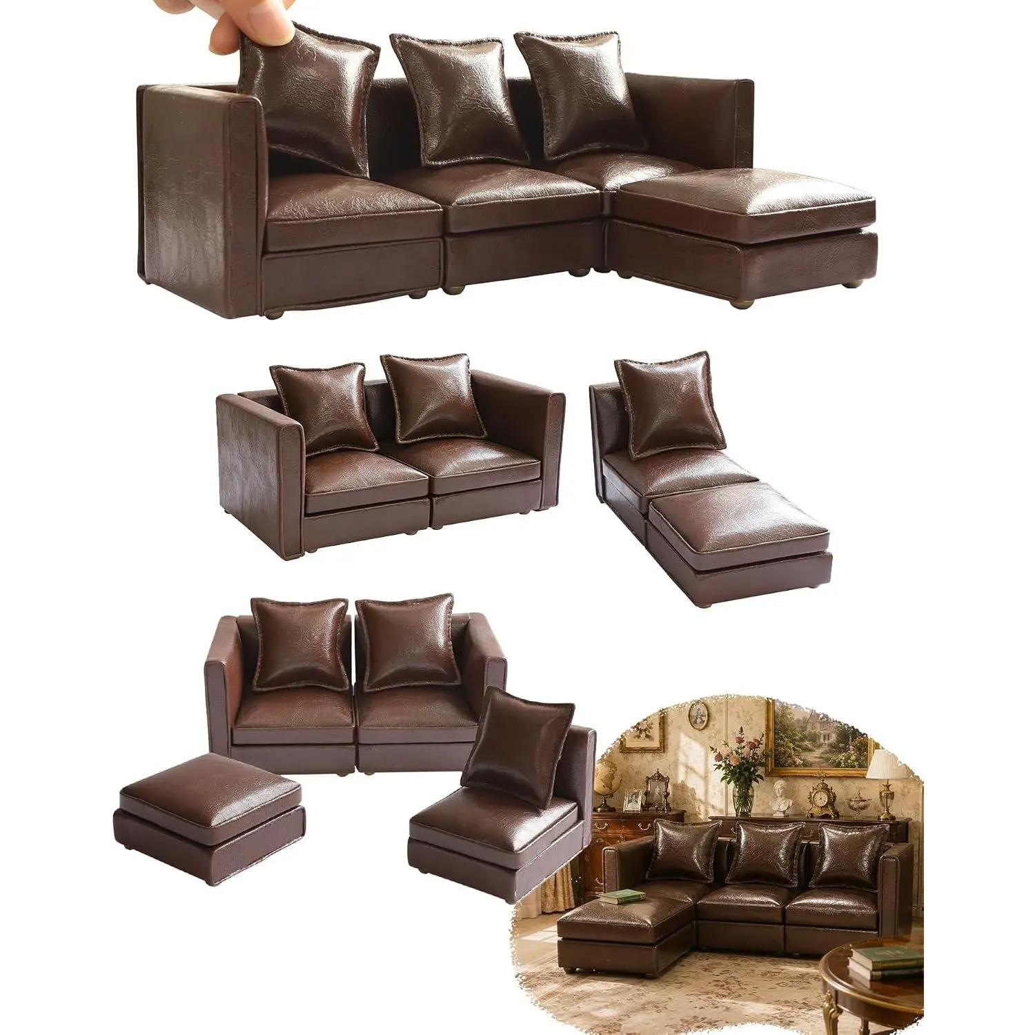1/12 Scale Brown Faux Leather Sectional Sofa Couch Set - Miniature Dollhouse Furniture with Multiple Seats, Mini Sized Products, Living Room Decor & Chair for 4-6” Action Figures, Sofa Sectional Couch