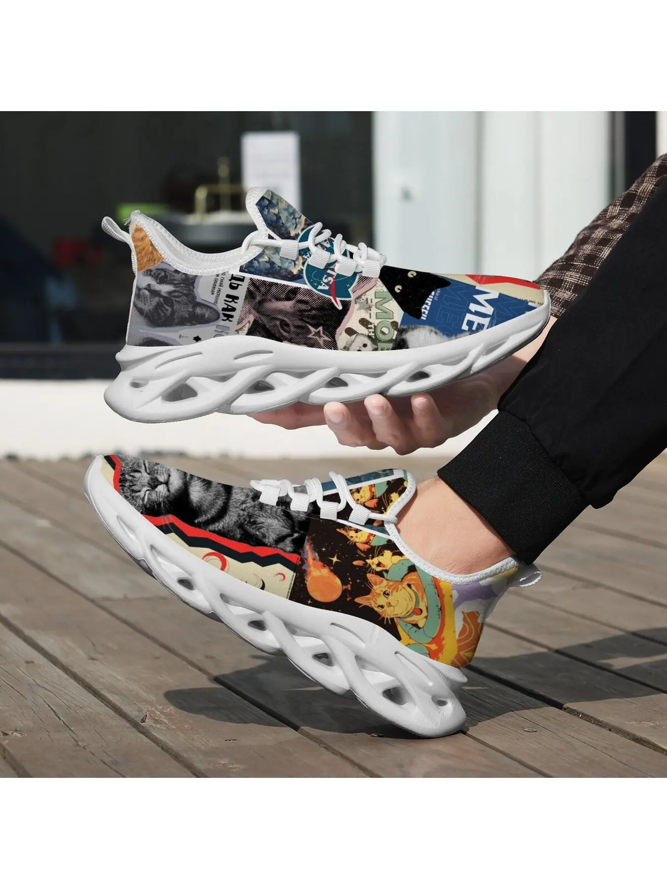 Retro Space Cat Collage Blade Sneakers Men Women Breathable Mesh Lace Up Running Shoes Vintage Galaxy Feline Paper Scrap Montage Print Hollow Sole Casual Street Trainers