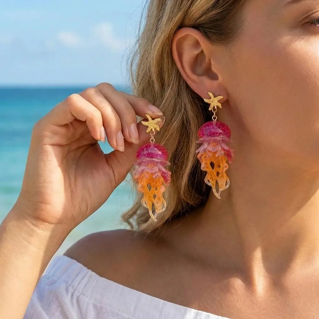 Women's Starfish & Pink-To-Orange Gradient Jellyfish Dangle Earrings, Lightweight Acrylic Floating Dainty Jewelry, Hypoallergenic Copper Metal Coating Accessories for Summer Beach & Pool Parties