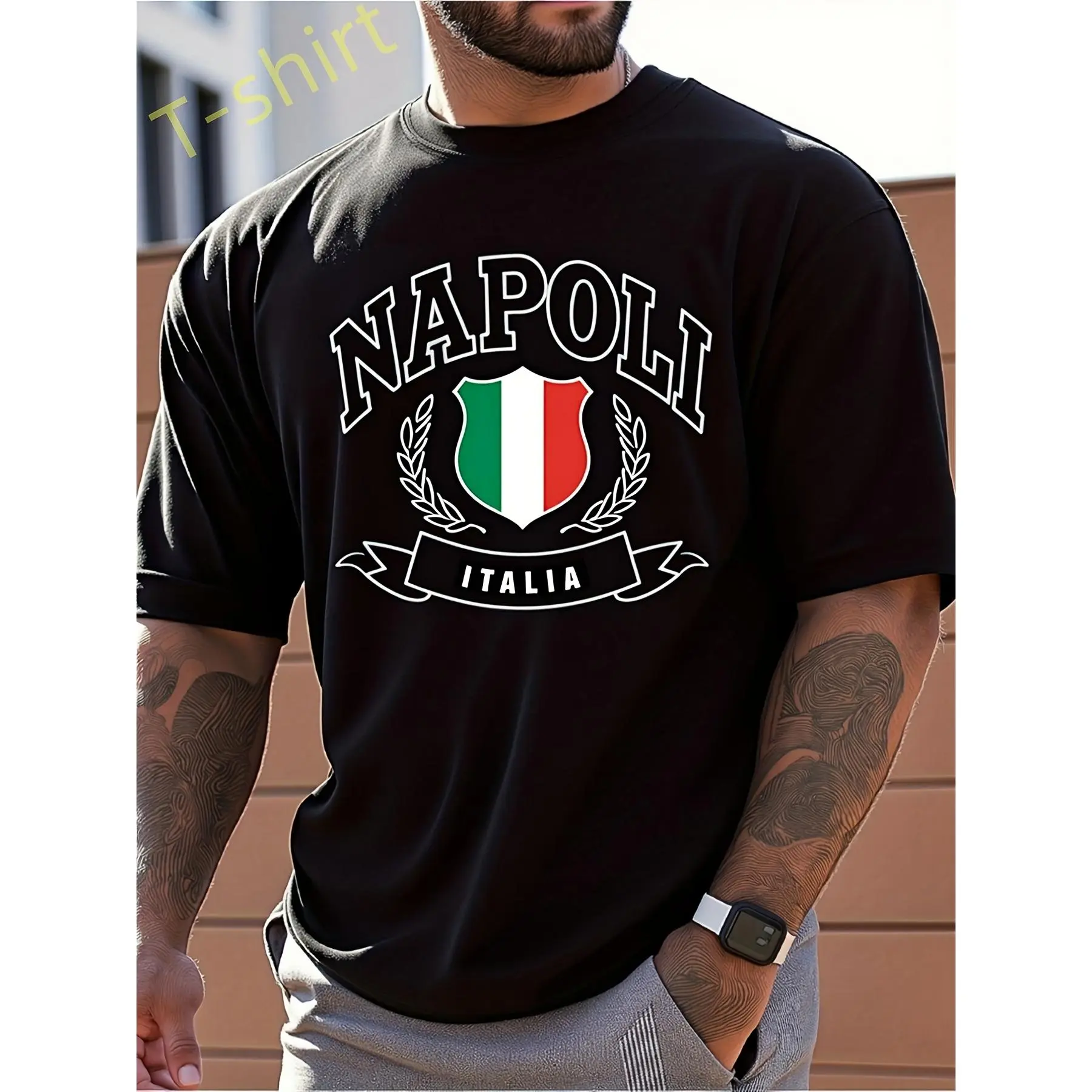 Men'S Black Napoli Italia Graphic T-Shirt | Italian Flag & Naples Design with Laurel Wreath & Bold Lettering | Soft Breathable Crew Neck Short Sleeve Tee for Casual Streetwear | All-Season Comfort | Vintage Style | Perfect for Adults