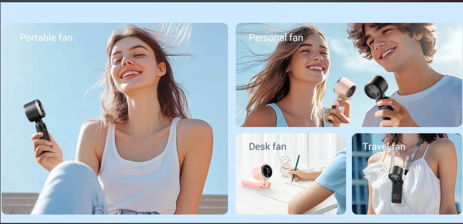 Portable Handheld Mini Turbo Fan USB Rechargeable Travel Neck Fan with 5 Speeds 3600mAh Battery & 15000 RPM Speed Up to 8 Working Hours 3 in 1 Foldable Personal Cooling Fan for Travel Home Black Pink