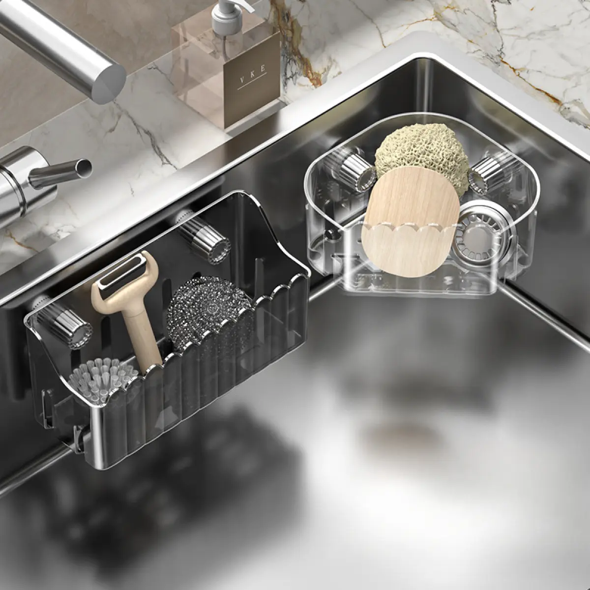 BloomWish Heavy-Duty Suction Cup Sink Caddy - Strong Suction Sponge Holder for Kitchen Sink, Non-Drill Drainer Basket for Dish Scrubber & Steel Wool Storage