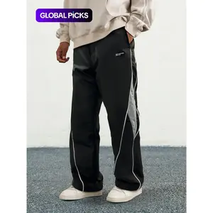 Black Athletic sga interview outfit Unisex Patchwork Straight Leg Sport Pants, Casual Sports Pants, Quick-Dry Casual Trousers, Loose Fit Wide Leg Long Pants, Drawstring Waist, All Seasons, Athleisure Style, Workout Clothes