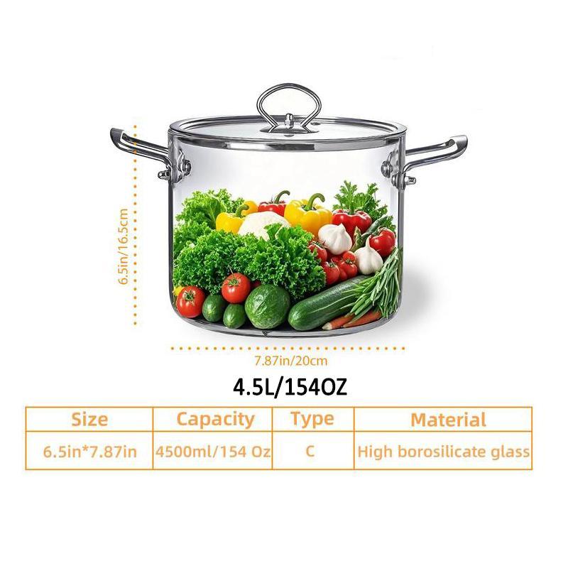 Large Capacity Glass Pot with Lid,1 Count Stainless Steel Handle Cookware,Clear Glass Pasta Pot, Cooking Pot for Home Kitchen, Stew Pot