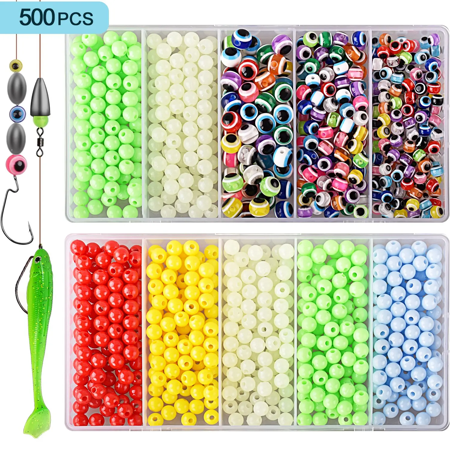 500pcs Fishing Bead Set, Saltwater & Freshwater Compatible, Lure Gear Float Beads, Glow-In-Dark Night Vision Fishing Accessories