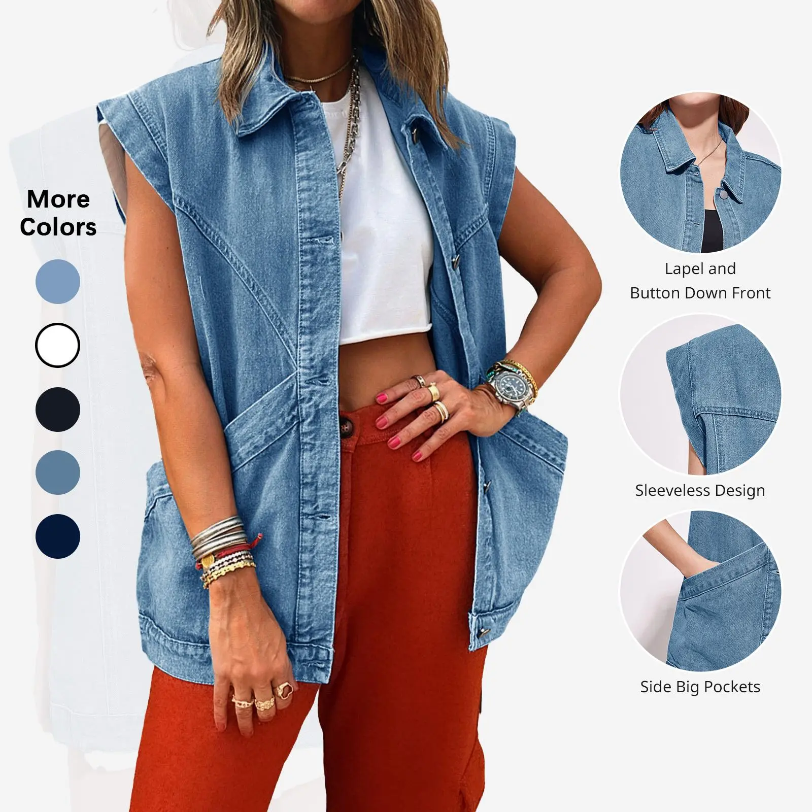 Flowyair Women's Oversized Sleeveless Denim Vest - Classic Button-Down Utility Lapel Jean Jacket for Women's Clothes, Knitted & Utility Vests, Knitted Women's Vests,summerwins,summeroutfits,vacationoutfits,beachoutfits