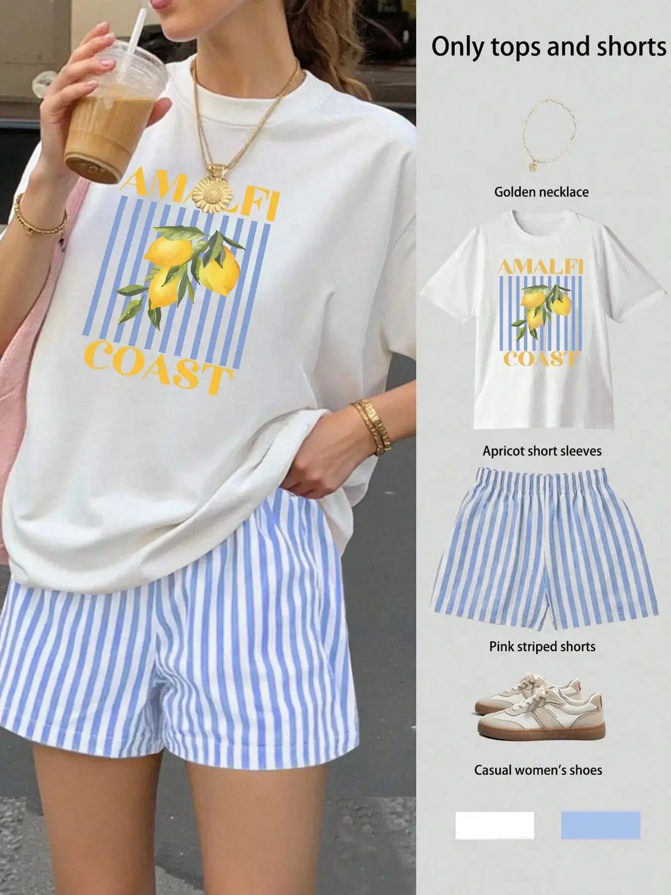 Women's Lemon Print T-Shirt and Blue Striped Shorts 2-Piece Set, Fashion Chic Casual Loose Fit Summer Beach, Comfortable and Stylish