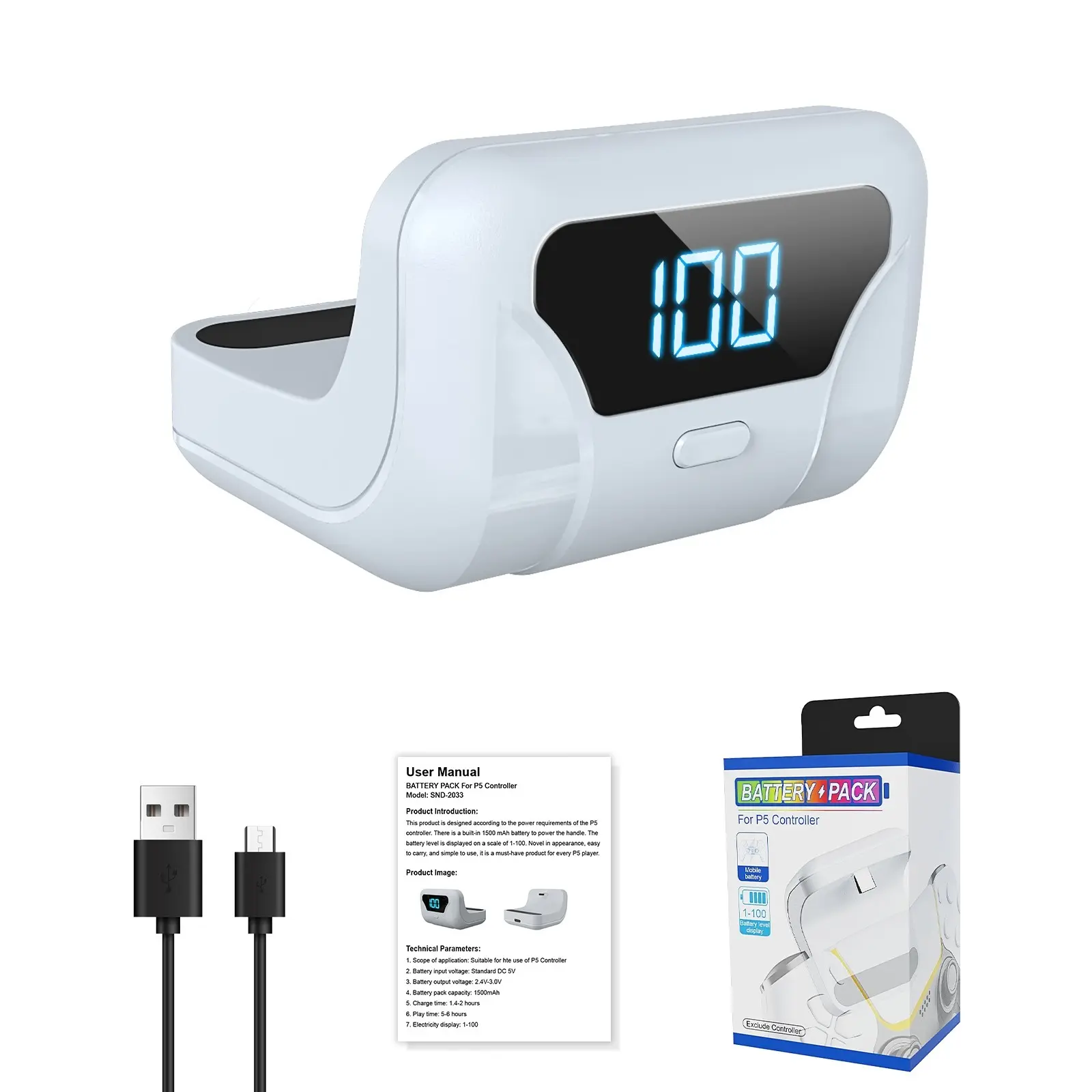 Lightweight and compact design easy to carry, charging pack works with PS5 and DualSense Edge controllers, adds 18 hours of gaming time for uninterrupted play, PS5 controller accessory, Console controller accessories - White