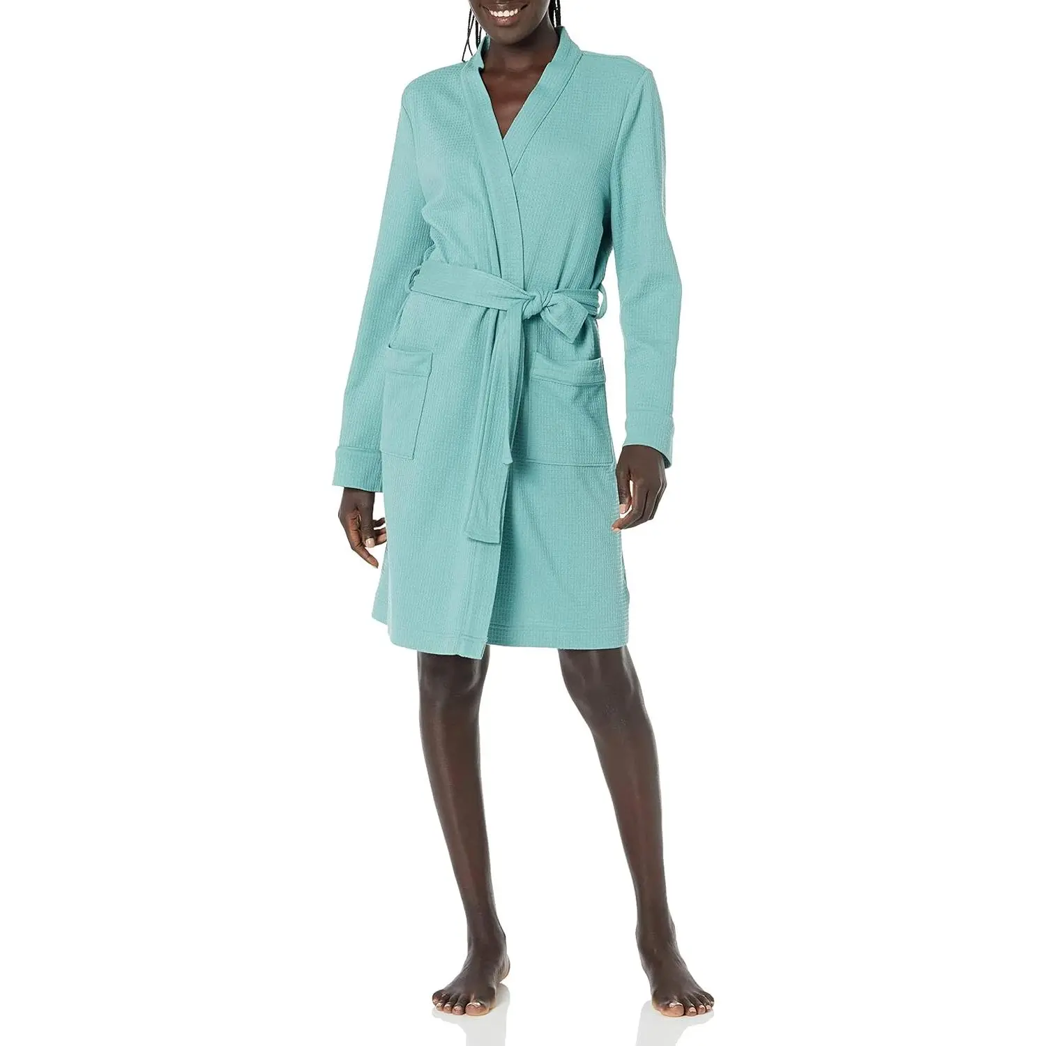 Women's Lightweight Cotton Waffle Mid-Length Belted Long-Sleeve Bathrobe, Plus Size Available, Home Loungewear & Garment Essential