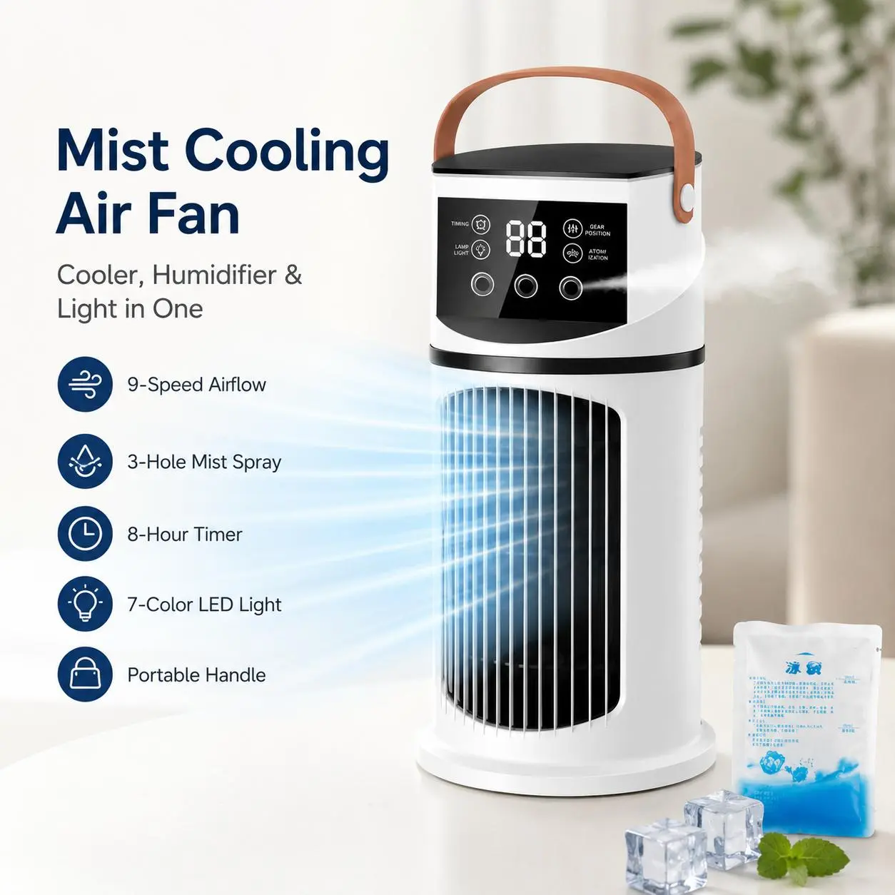 7-Color LED Mist Humidifier Cooling Fan, Adjustable 9-Speed 3 Nozzle Spray Fan with 8H Timer, Cute Summer Furnishing Ornament for Indoor Desk