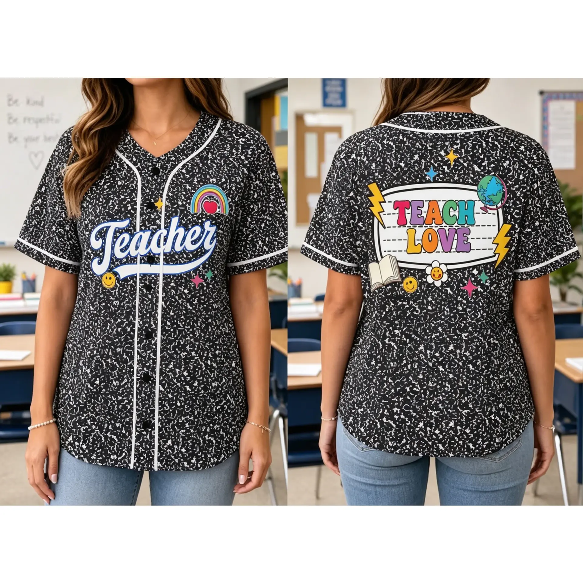 Teacher Baseball Jersey: Back to School Shirt,Lovely Cute Retro Confetti Speckle Teacher Jersey, Multicolor Teach Love Rainbow Smile Face Print Button Up Baseball Top #   TikTokMadeMeBuyIt #   TikTokShop #   Funny Shirt #   BACK TO SCHOOL #   SCHOOL LIFE