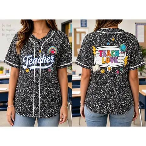 Male V-Neck Teacher Baseball Jersey - Breathable Short-Sleeve Button-Front Tops, Retro Confetti Speckles, Multicolor Teach Love Rainbow Smile Print, Back-to-School Clothing, Do Not Bleach (TikTokMadeMeBuyIt, TikTokShop, FunnyShirt)