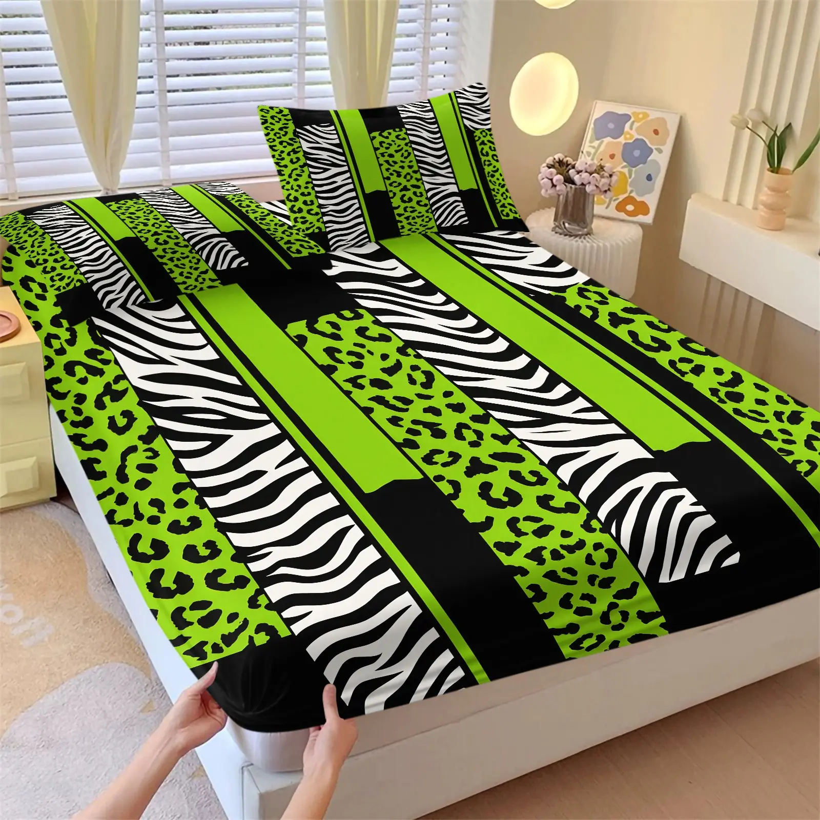Retro Stripe Leopard Zebra Fitted Sheet Set, 1 Fitted Sheet + 2 Pillowcases - 3 Piece, Soft Microfiber Deep Pocket Design All Season, Leopard Print Sheets, Eclectic Street Style Bedroom Decoration, Gift for Trendy Decor Lovers