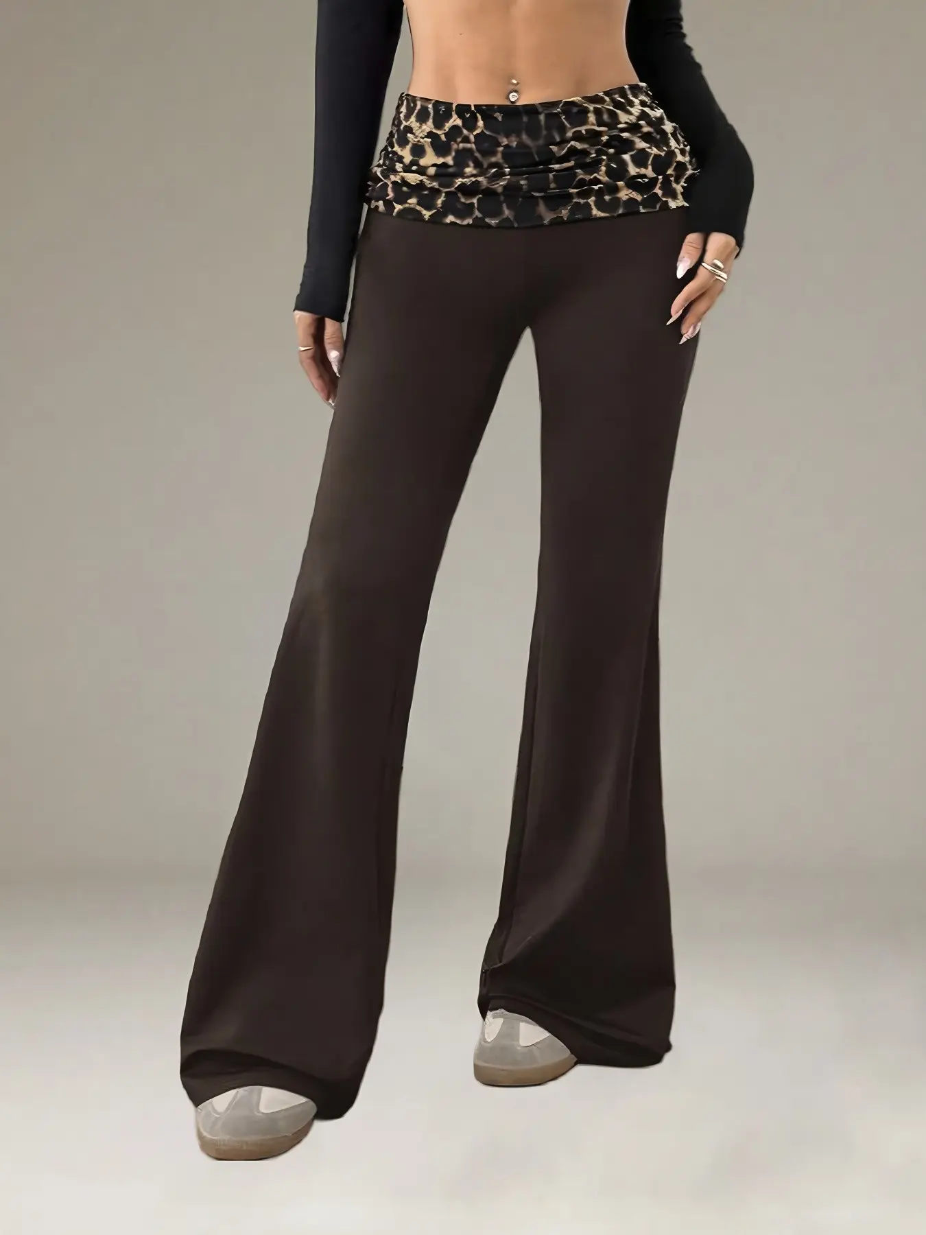 New Women's Leopard Print Flare Pants, Slim-Fitting Elastic Waist Yoga Pants, Elegant Casual Long Trousers for All Seasons
