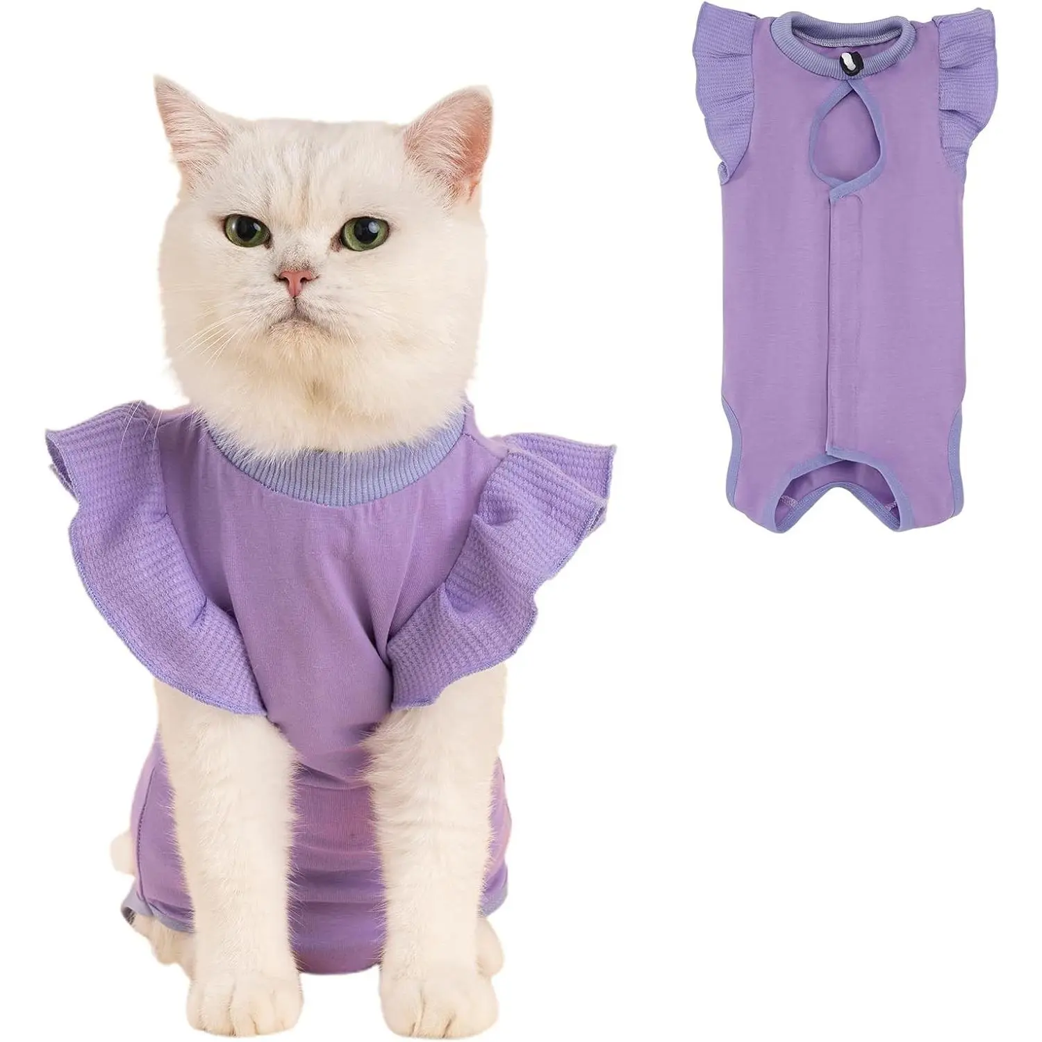Cat Recovery Suit - Cotton Blend Multi-Size Post-Surgery Outfit for Female Kittens, M Purple, Wave Sleeves, Soft Breathability, Cone Alternative