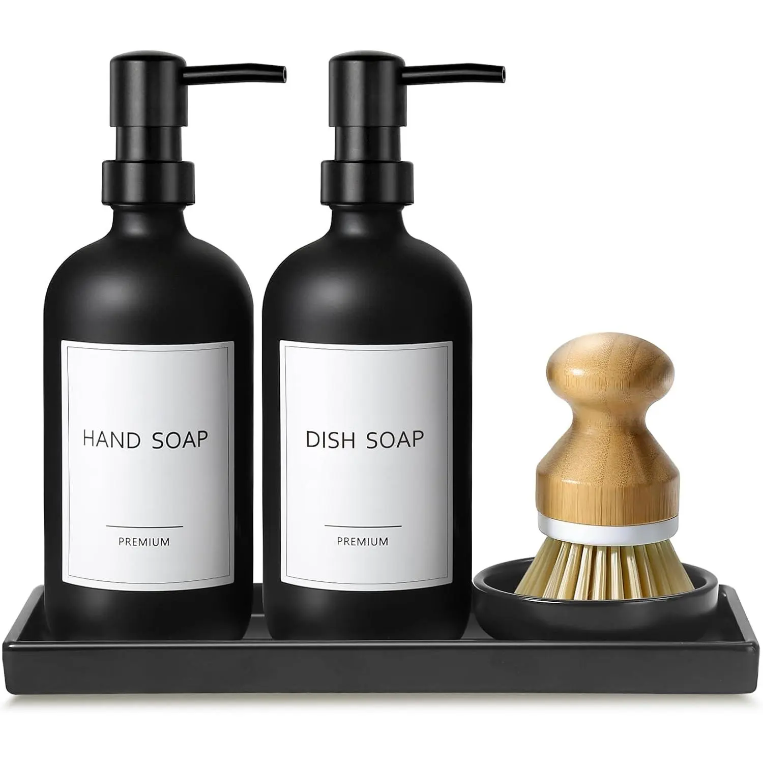 Kitchen Soap Dispenser Set, 17 fl oz Dish Soap Dispenser with Ceramic Tray &  Brush for Kitchen, 2 count Matte Black Glass Hand and Dish Soap Dispenser Set, Refillable Soap Bottle Set
